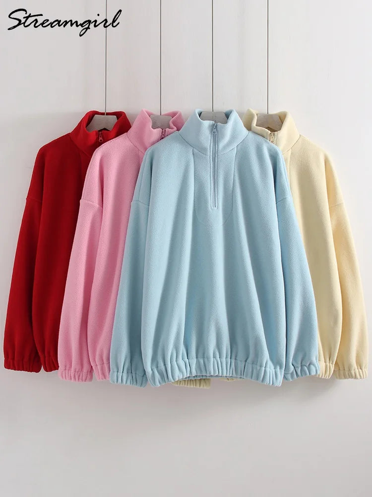 Women Velvet Sweatshirts With Half Zipper Long Sleeve Pink Warm Pullover Female Loose Yellow Sweatshirts For Women Zip Blue Tops LadyShow.Store