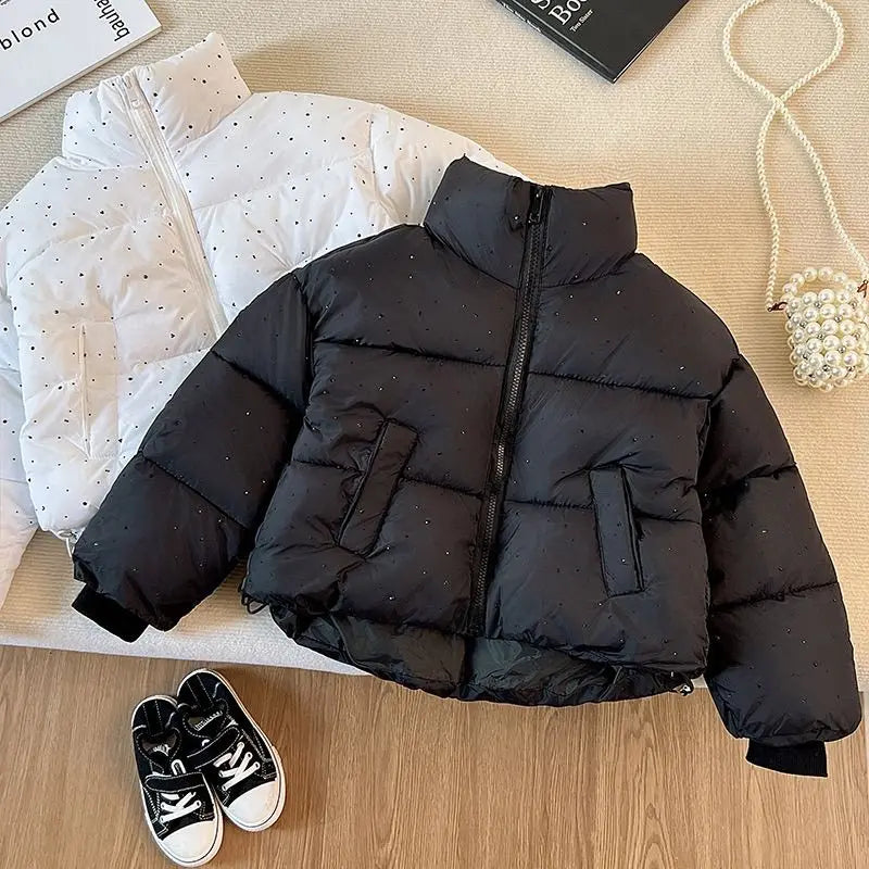 2025 Winter Girls Rhinestone Puffer Jacket Korean Star-Studded Fashion Coat Glitter Zip-Up Quilted Down Jacket LadyShow.Store