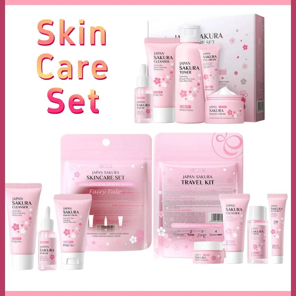 Sakura skin care sets with cleanser, serum, eye cream, facial cream, beauty products for women, travel skin care kit Tri Light Beauty