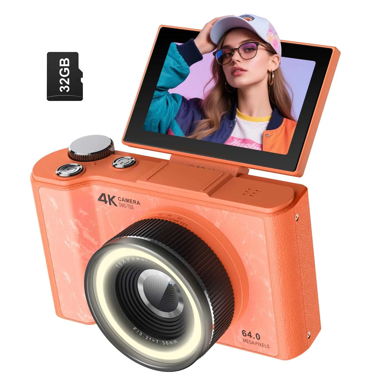 4K Digital Camera for Photography,4k Camera with Ring Light，180° Flip Screen Camera for Vlogging with Beauty Mode,Point and Shoot Digital Cameras for Beginner with SD Card，Christmas Gift Pi-Mart