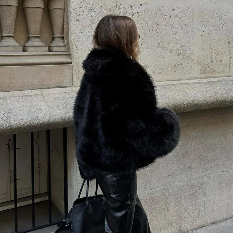Neo Mint Street Fashion Shawl Collar Faux Fox Fur Coat Women 2024 Winter Cool Girls Black Short Fur Jacket Vintage Chic Overcoat LadyShow.Store