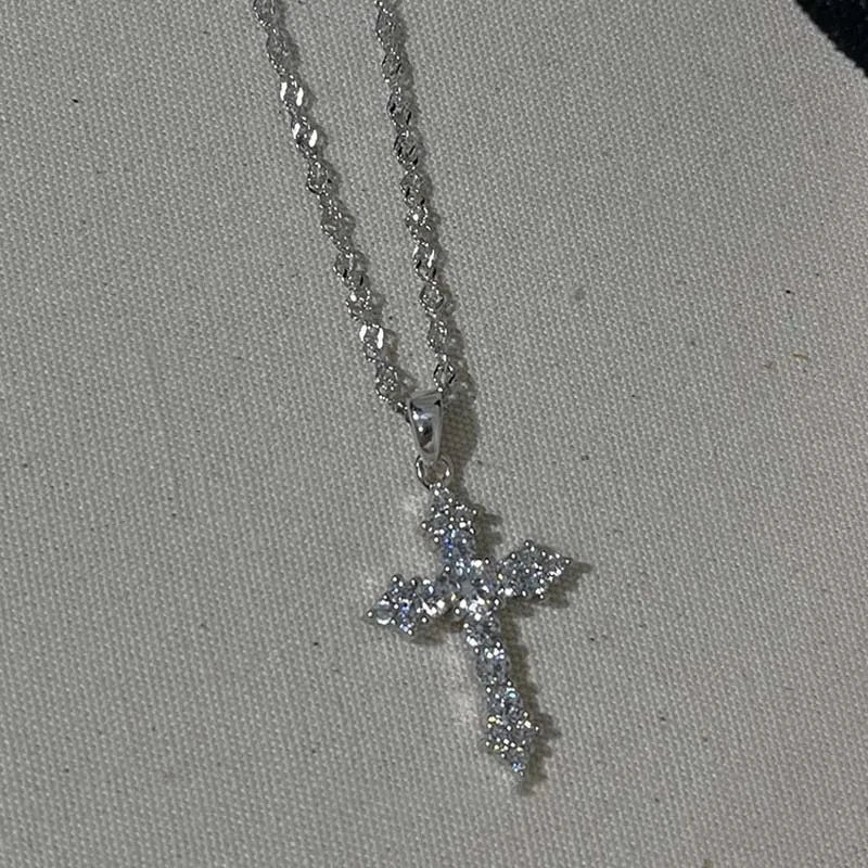 Shiny Crystal Zircon Cross Pendant Necklace for Women Girls Punk Silver Color Thin Chain Necklace Party Jewelry Birthday Gift Pi-Mart