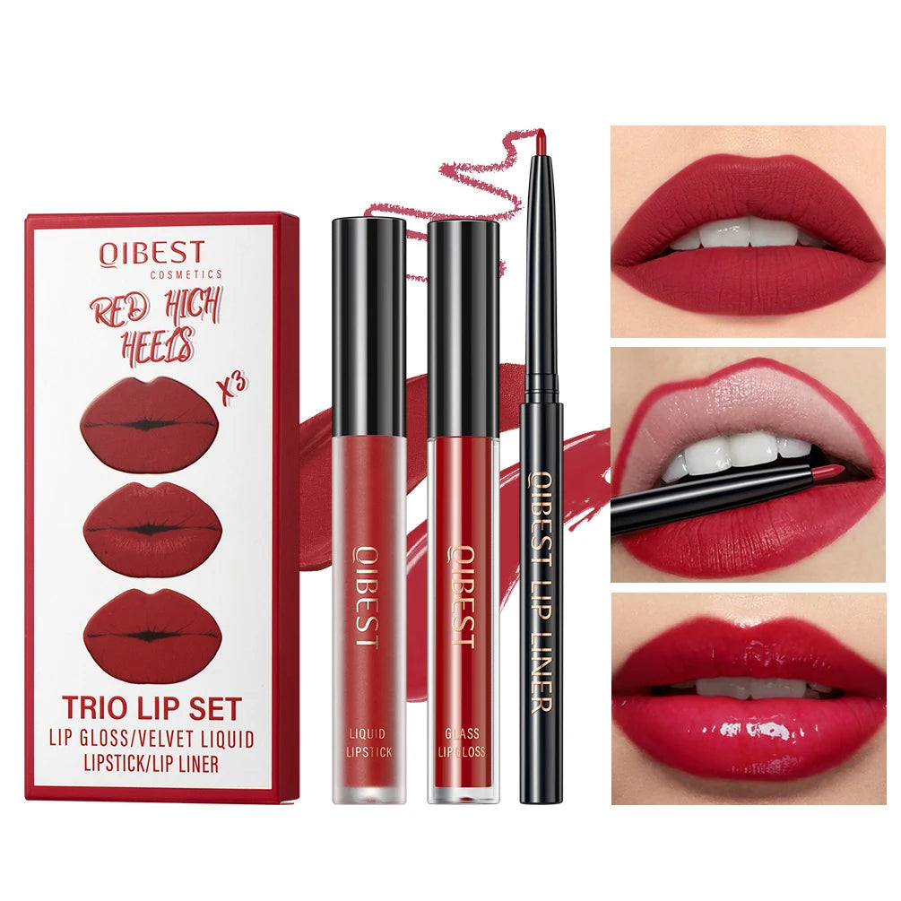3pcs Matte Liquid Lipstick+Lip Liner Set Lip Glaze Makeup Nude Black Red Velvet Lip Gloss Long Lasting Lip Tint Cosmetics Kits Pi-Mart