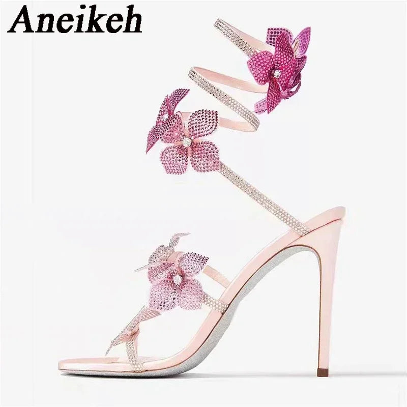 Aneikeh Sexy CRYSTAL Flower Narrow Band Ankle Strap Sandals Woman Thin High Heels Street Style  Pole Dancing Ladies Shoes LadyShow.Store