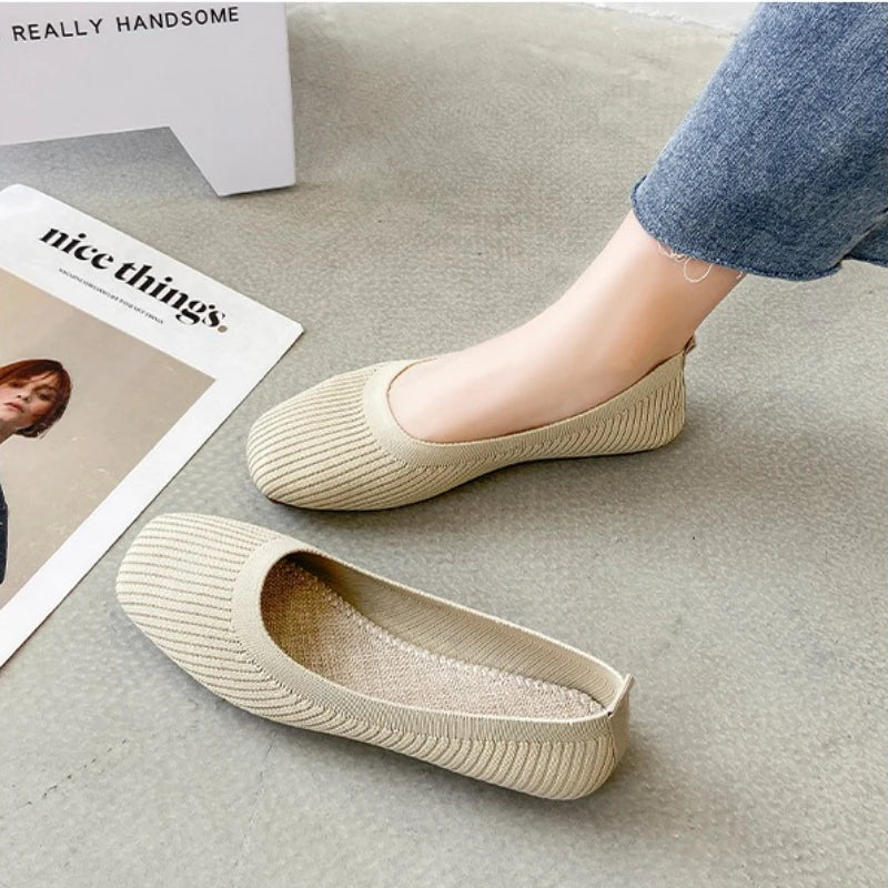 Women Leisure Flats Summer Autumn Flat Shoes Breathable Knitted Square Toe Slip-on Female Daily Walking Driving Loafers Pi-Mart