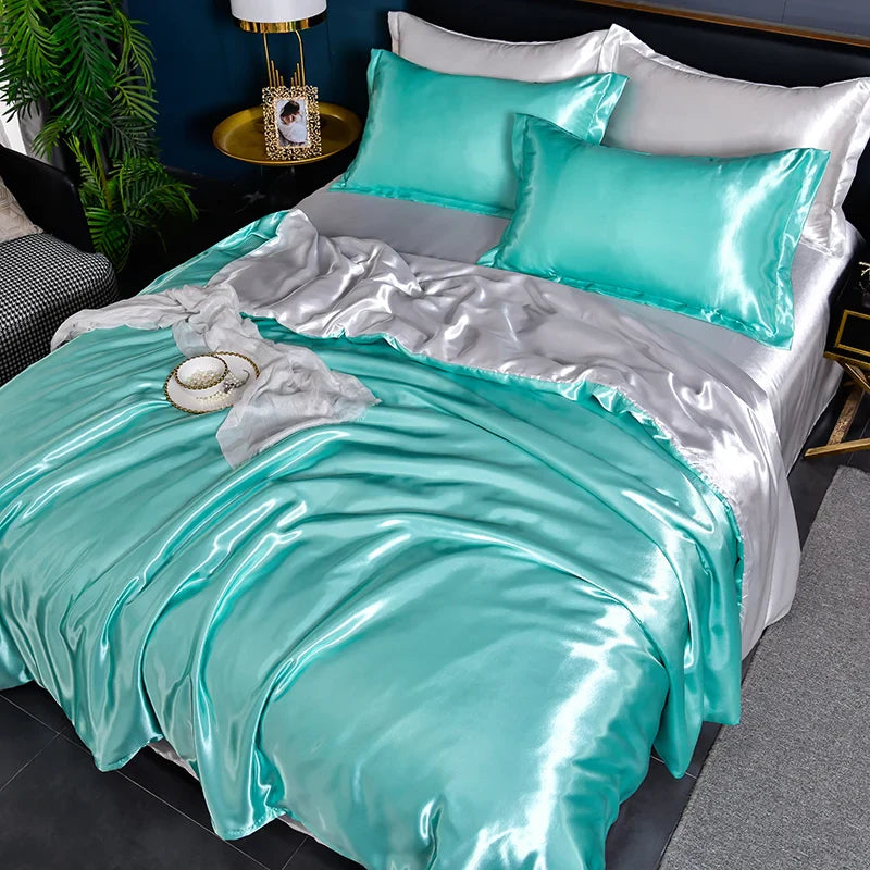 A/B Double-Sided Color Bedding Set Silky Satin Duvet Cover Bed Sheet Pillowcase Luxury Bedsheet King Queen Double Twin Size LadyShow.Store