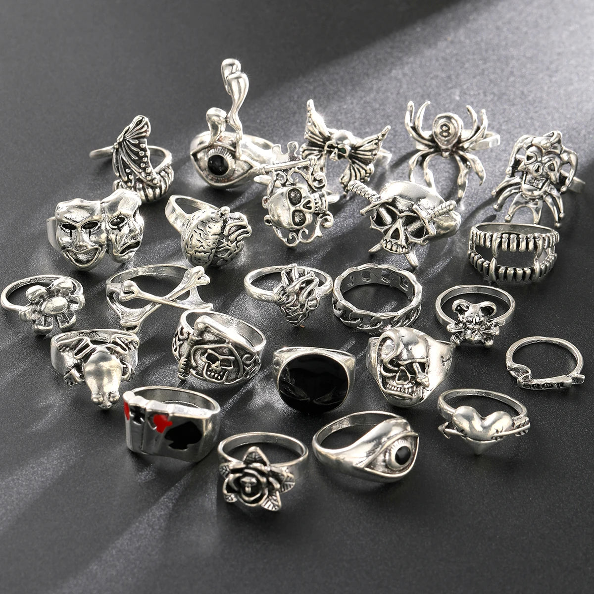 24 Pcs Gothic Skeleton Unisex Ring Set Punk Grunge Butterfly Frog Woman Man Jewelry Hip Hop Party Street Ring Accessories Gift Pi-Mart