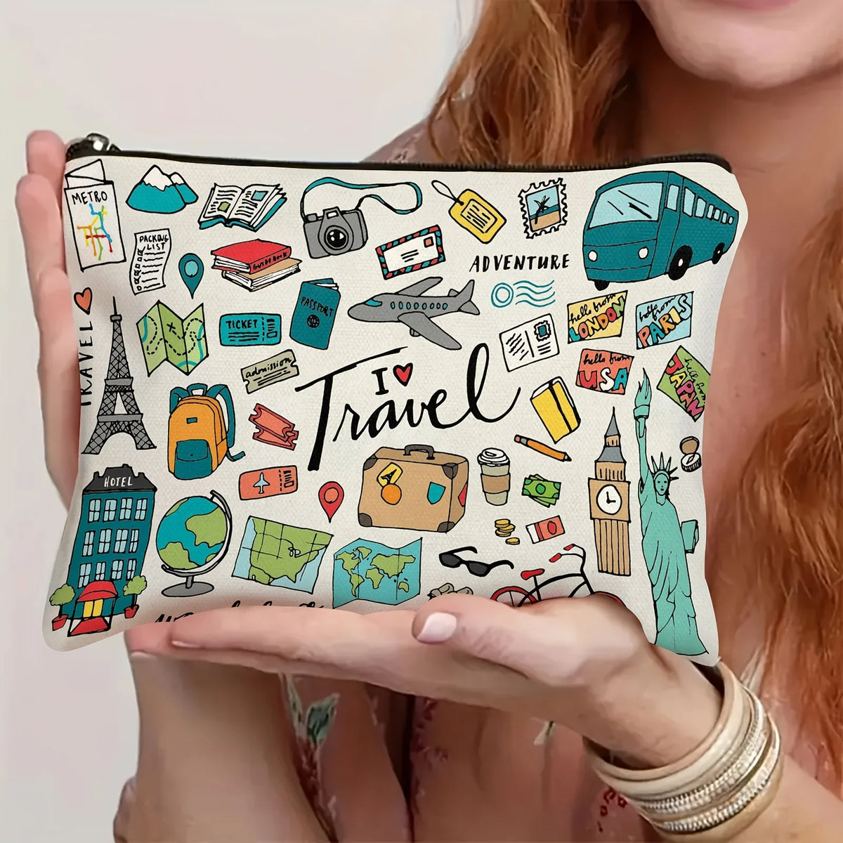1 Travel-Themed Illustrated Makeup Bag - Multifunctional Zipper Pouch for Women, Jewelry Storage Bag, Perfect Travel Zipper Organizer, Fun Birthday Gift Pi-Mart