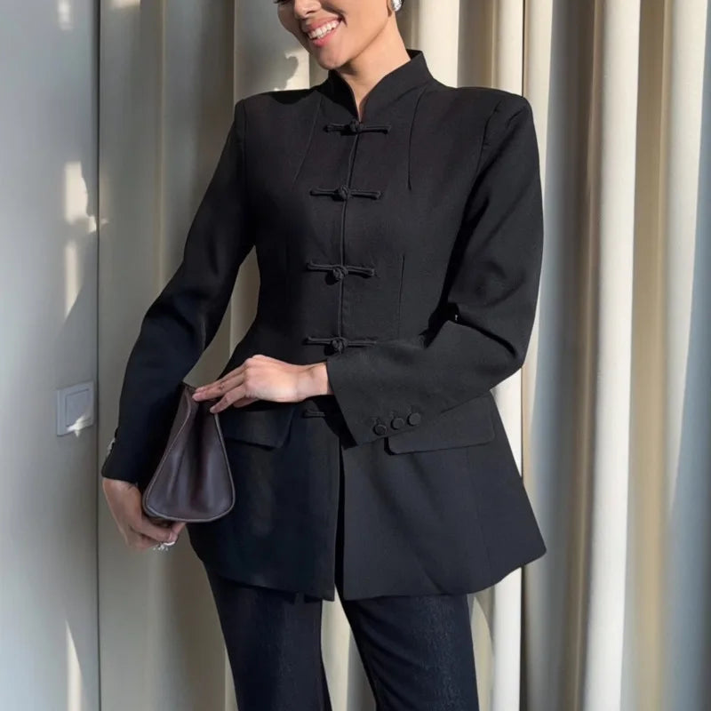 BJTZ Women Mandarin Collar Blazer Long Sleeve Frog Button Front Slim Fit Suit Jacket Casual Office Streetwear Elegant Outerwear LadyShow.Store