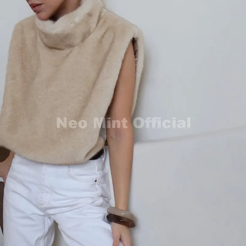 Neo Mint 2025 Brand Fashion Faux Fur Sable Vest Crop Top Autumn Winter Turtleneck Eco Mink Fur Tank Tops Sleeveless Jacket Coat LadyShow.Store