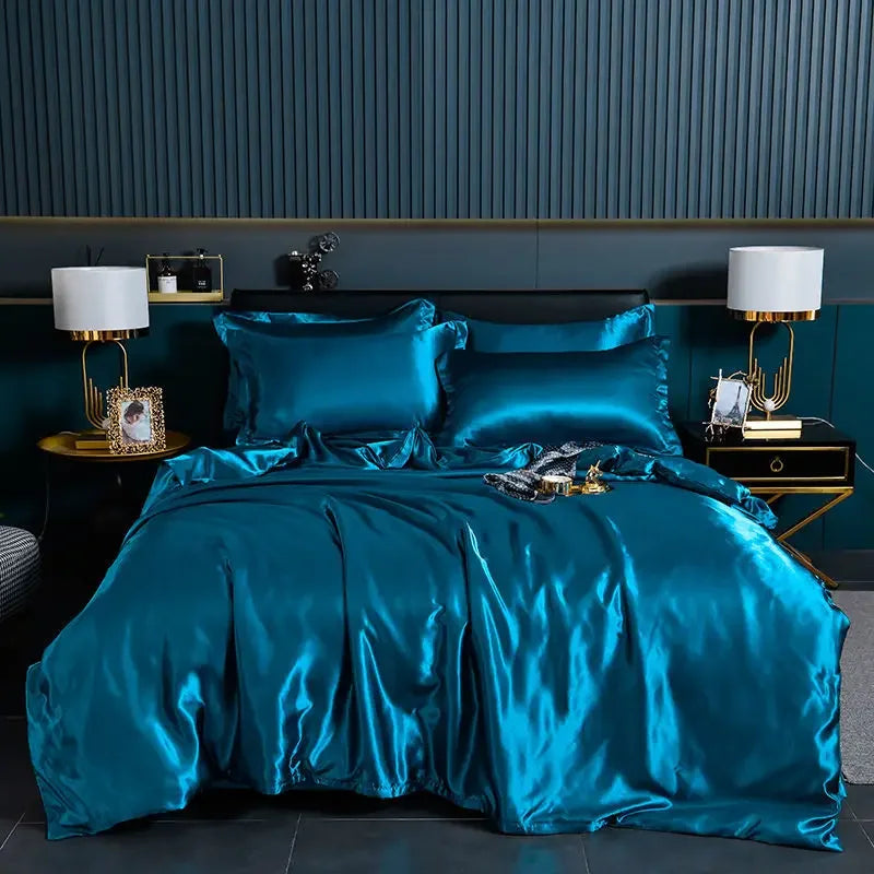 Luxury 100% Silk Bedding Set with Duvet Cover Set Double King Queen Size Bedding Cover Kit 4pcs Bed Cover Bed Linen Sets Pi-Mart