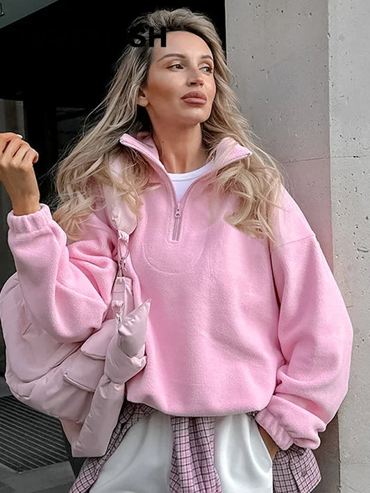 Women Autumn Winter Fleece Hoodies Elegant Stand Collar Zipper Loose Sweatshirt Elegant Solid Pullover Casual Top Streetwear LadyShow.Store