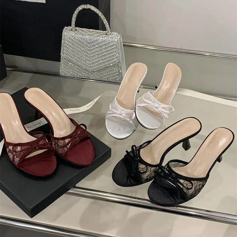 Summer Women Net Butterfly-knot Slippers Fashion Cover Pointed Toe Slip On Mules Shoes Thin High Heel Ladies Elegant Slides Pump LadyShow.Store