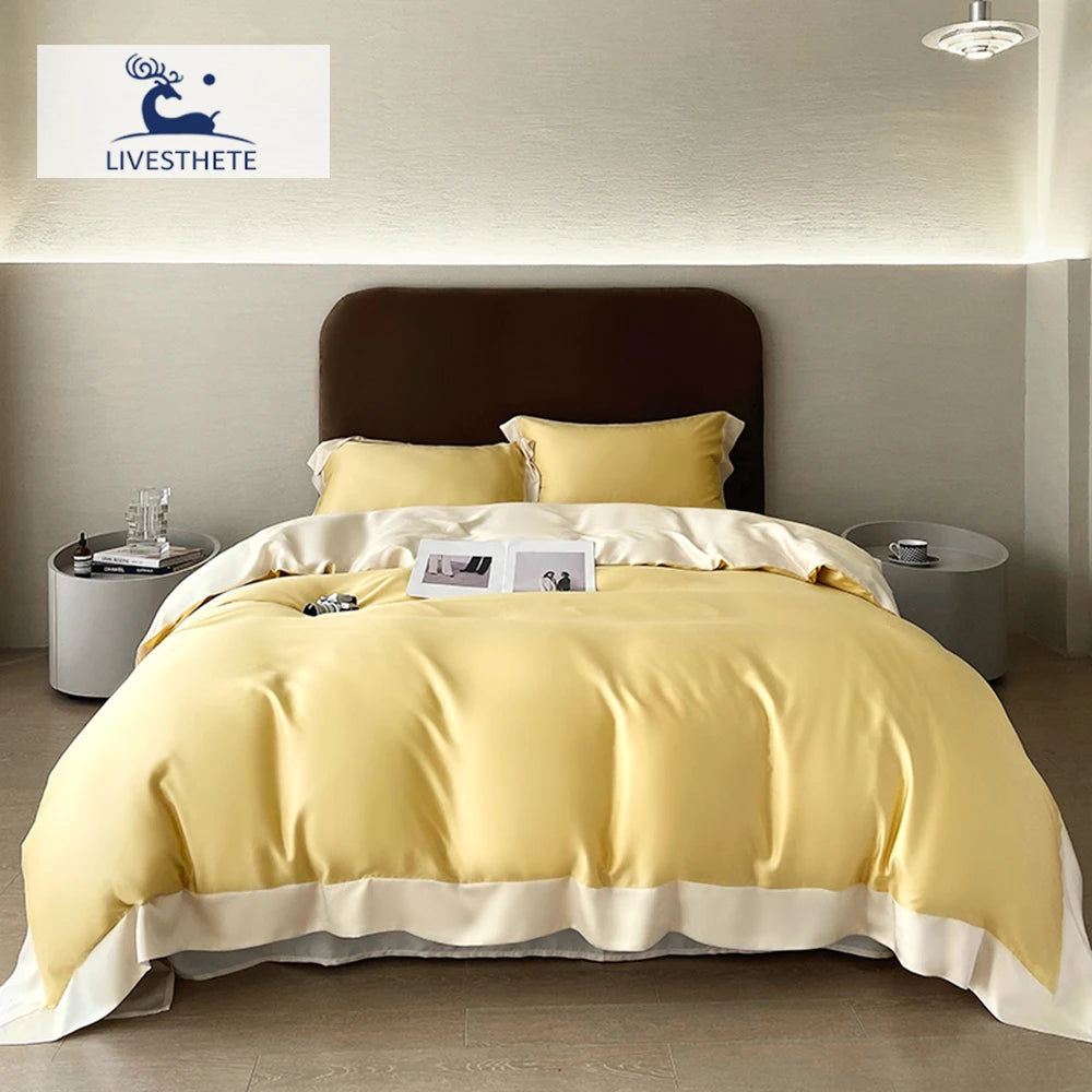Liv-Esthete Top Grade 100% Silk Duvet Cover Set Queen King Yellow White Bedding Set Flat Sheet Beauty Pillowcase Bed Linen Pi-Mart