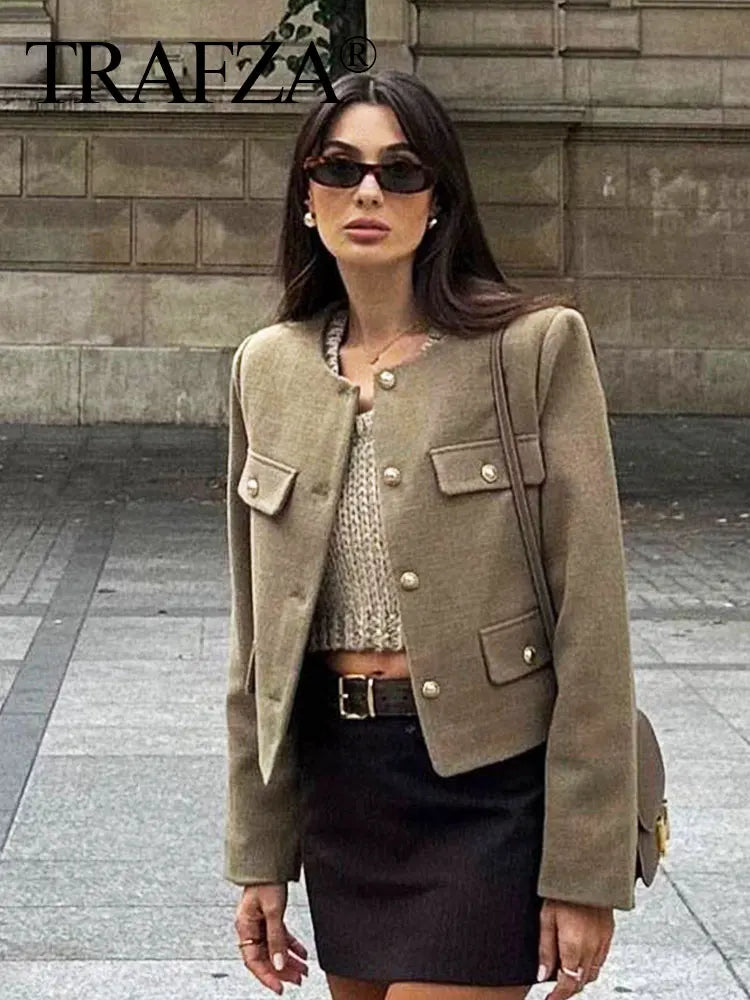 HH Women Vintage Solid Coat Button Long Sleeve O Neck Jacket With Pocket 2024 Spring Elegant Female Casual Outerwear Jakcet LadyShow.Store