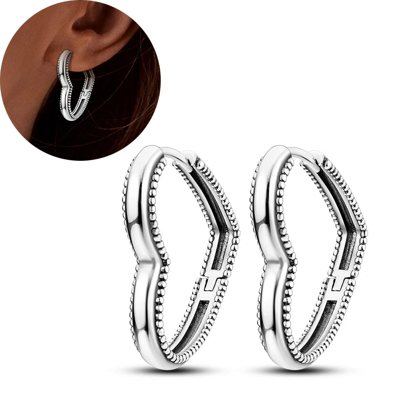 Genuine 925 Sterling Silver Love Feather Earrings Fit Original Charms Hoop For Women Girls Stud Earring Fine Jewelry Gifts Pi-Mart
