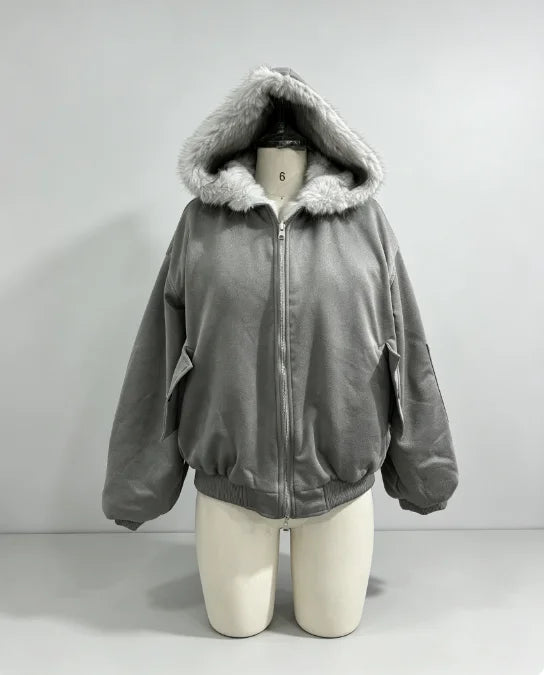 Women's Reversible Faux Fur Jacket Warm Fur Trim Hooded Oversized Puffer Coat Batwing Sleeves Zipper Loose Winter Lady Outerwear Pi-Mart