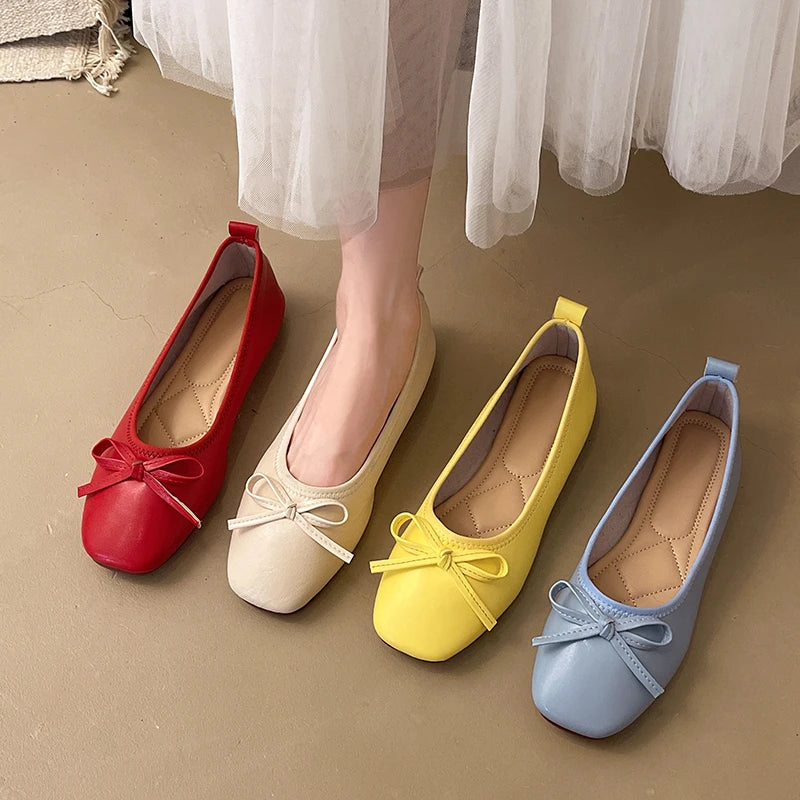 2026 Brand Women Flats Spring New Square Toe Bowknot Ladies Casual Ballet Shoes Big Size Slip on Soft Eelgant Dress Shoes 12457 Pi-Mart
