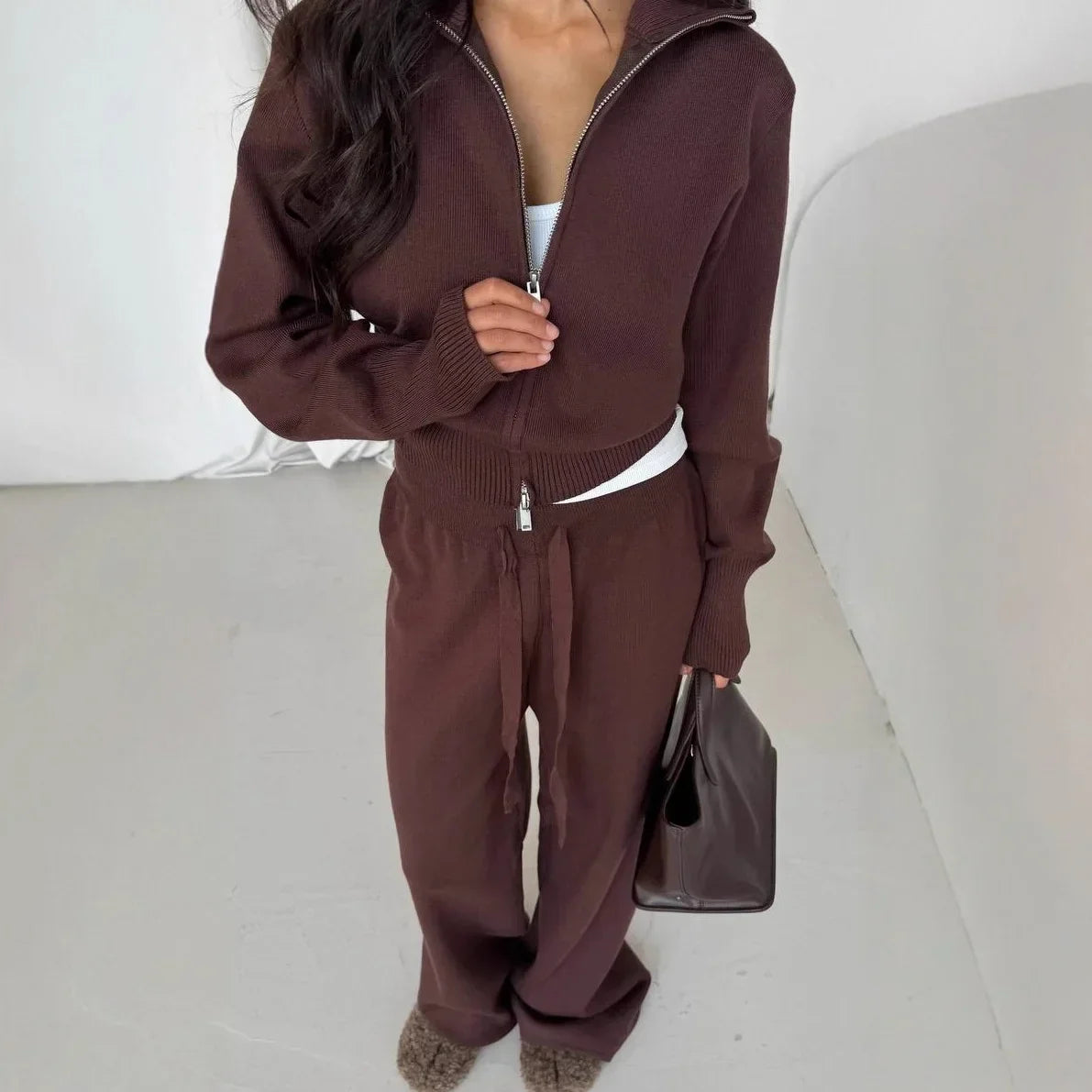 Women Cotton Knitted Cardigan Wide Leg Pants Suit Autumn and Winter Lady  Fashion Loose Daily Office Jacket Straight Pants 2Pcs LadyShow.Store