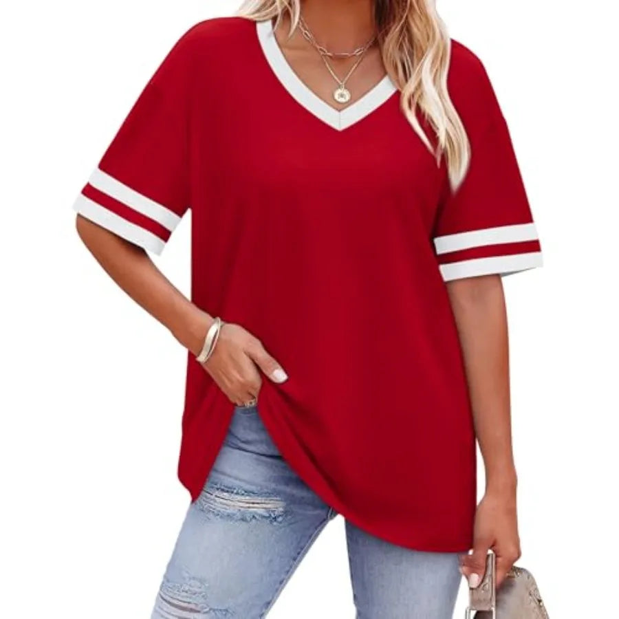 Womens T Shirts Loose Fit Short Sleeve Tees V Neck Color Block Summer Tops 26 Fashion S4XL LadyShow.Store