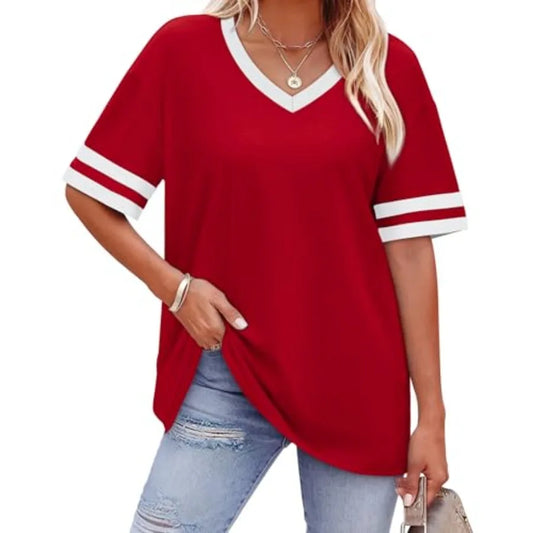 Womens T Shirts Loose Fit Short Sleeve Tees V Neck Color Block Summer Tops 26 Fashion S4XL LadyShow.Store