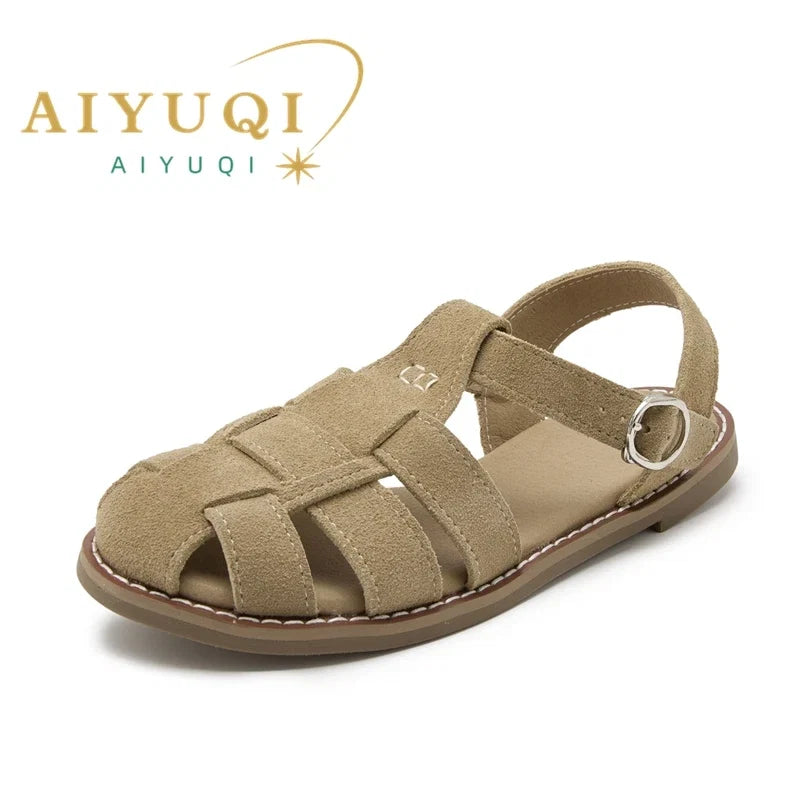 AIYUQI Flat-soled Retro Genuine Leather Hollow Baotou Sandals Women's 2026 New Hollow Pig Cage Women's Sandals LadyShow.Store