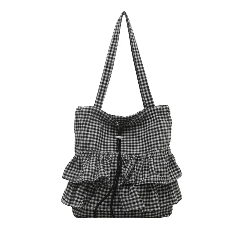 Large Capaci Cute Plaid Cotton Tote Bag  Lace Trim Women's Summer 2025 Simple Lady Handbag Soft Shoulder Bags Bolsa Feminina Pi-Mart