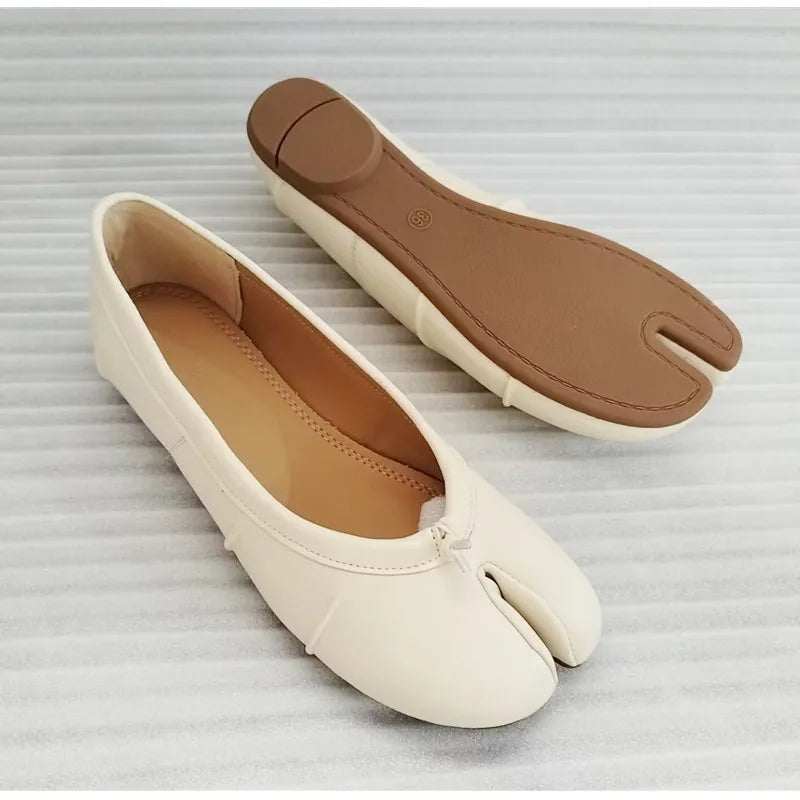 Split Toe Women Ballet Flats Fashion Tabi Shoes Casual Slip-on Loafers Ladies Pleated Leather Espadrilles Zapatillas Mujer Pi-Mart