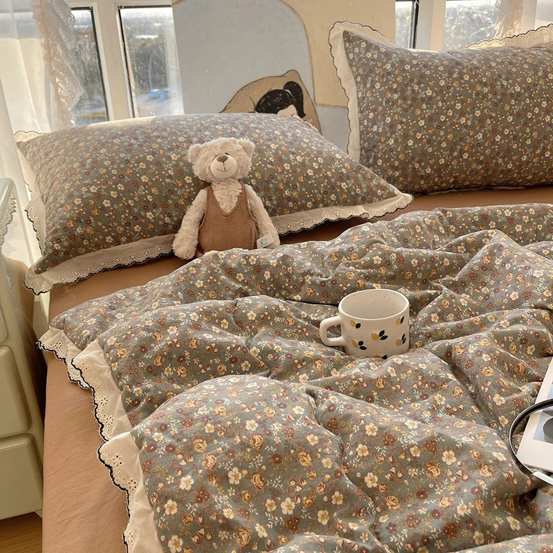 Summer Quilt Korean Style Duvet with Lace Single/Queen Size Comforter Flower Printed Quilted Blanket 여름이불 (No Pillowcase) Pi-Mart