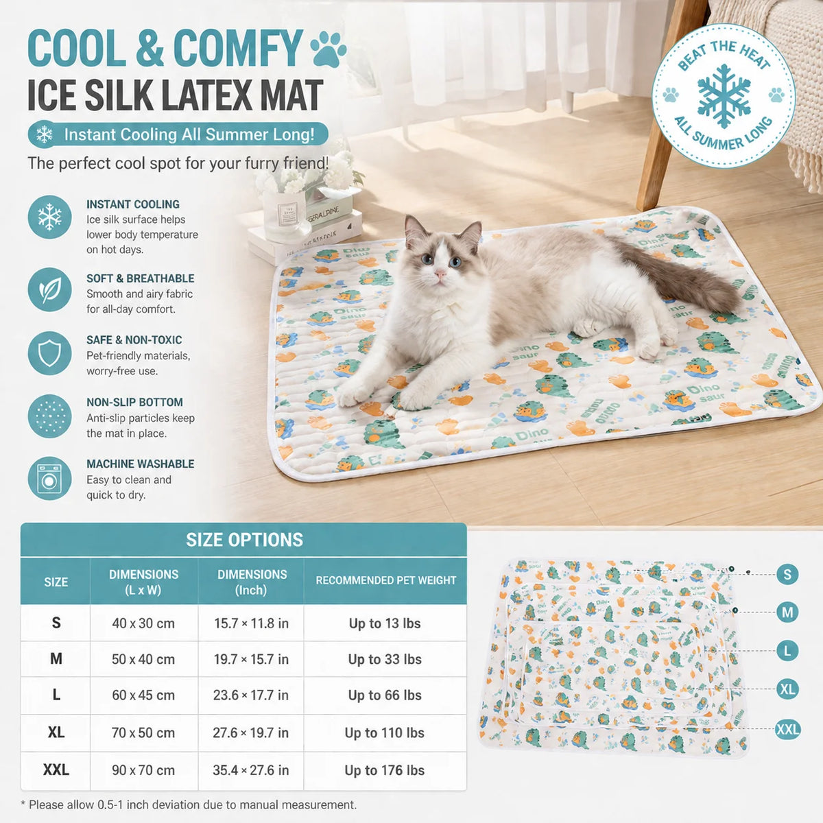 Pet Cooling Mat Ice Silk Latex Dog Cat Cooling Bed Summer Breathable Non-Slip Washable Pet Pad Cold Sleeping Beds Mats Supplies Pi-Mart