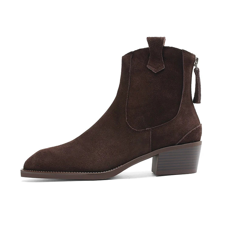 New 2025 Trend Autumn Winter Cow Suede Women Western Boots Black Brown Khaki Purple Green Burgundy Pointed Toe Lady Ankle Boots Pi-Mart