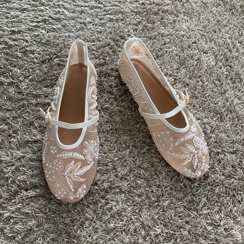 Mesh Embroidery String Bead Design Women Ballet Flats Fashion Buckle Breathable Mary Jane Shoe Comfort Low Heel Soft Flat Sandal LadyShow.Store