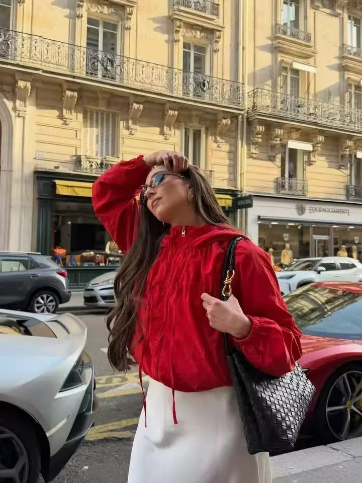 Women's Jacket 2026 Autumn New Red Long-Sleeve Drawstring Decorative Festive Hoodie Zipper Cardigan Casual Fashion Versatile Pi-Mart