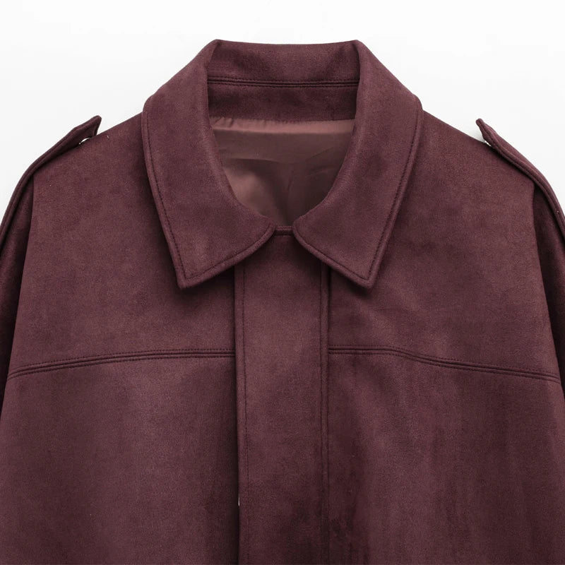 HXAO Women's Bomber Jacket Lapel Long Sleeve Zipper Suede Jacket Women 2025 High Street Cropped Racing Jackets Coats Outerwears Pi-Mart