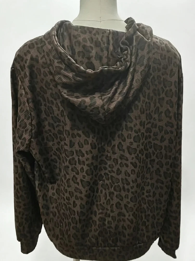 Y2K Leopard Print Hooded Jacket Women Full Zip Drawstring Hood Long Sleeve Loose Fit Streetwear Street Club Ladies Outerwear Pi-Mart