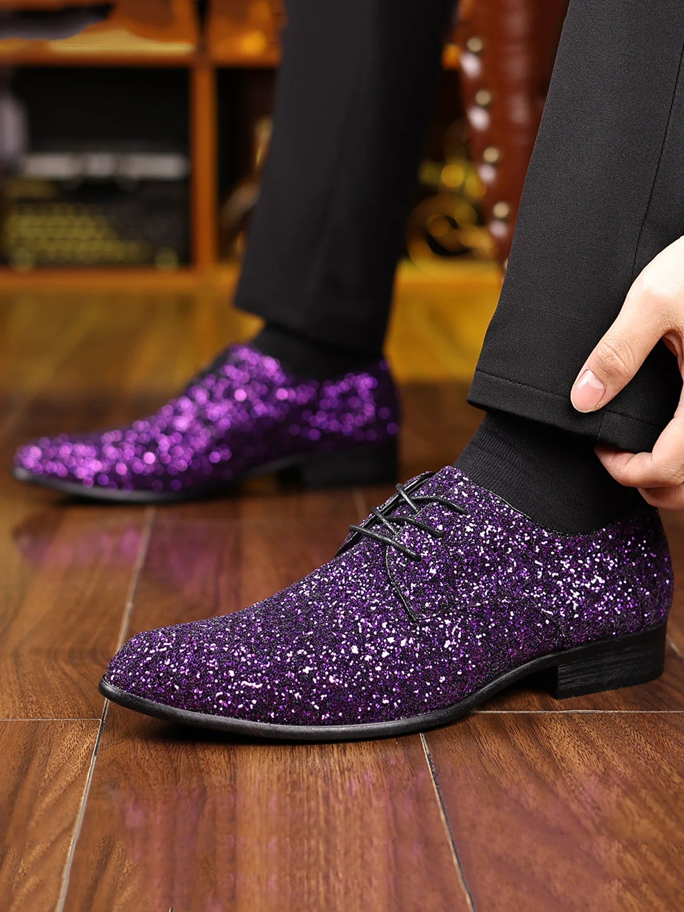 Luxury Men Dress Shoes Gold Silver Sequin Wedding Shoes High Quality Lace-Up  Oxford Shoes Fashion Designer Men Flats Large Size Pi-Mart