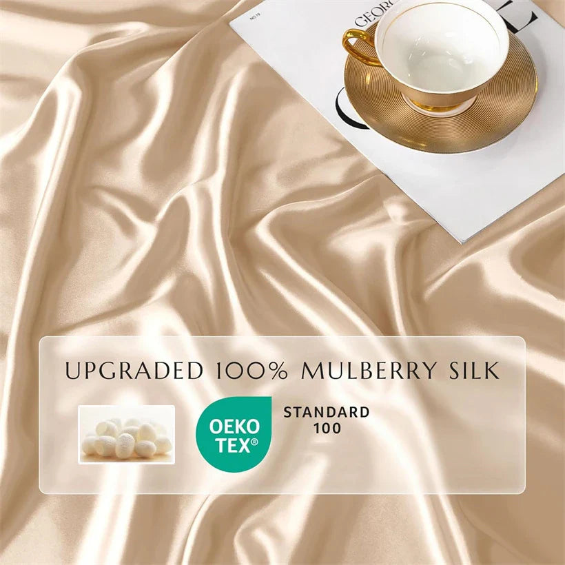 3pcs Set 100% Mulberry Silk Bed Sheet Set with 1pc Fitted Sheet and 2pcs Pillowcase Mattress Cover for Double King Queen Size LadyShow.Store