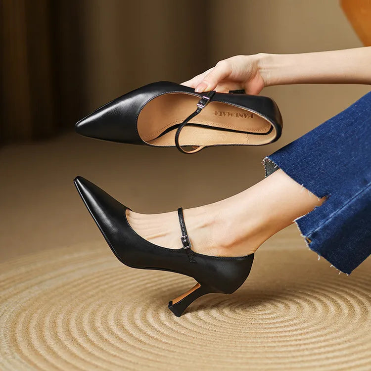 NEW Spring/Autumn Women Pumps Genuine Leather Shoes for Women Pointed Toe Thin Heel Shoes Shallow Buckle Strap Mary Janes Shoes Pi-Mart