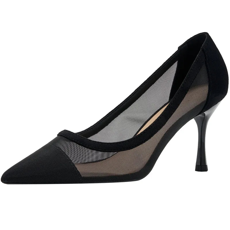 maogu Black Women Pointed Toe High Heel Work Shoes Dot Mesh Vintage Elegant Shallow Stiletto 2023 Spring Summer Thin Heels Pumps LadyShow.Store