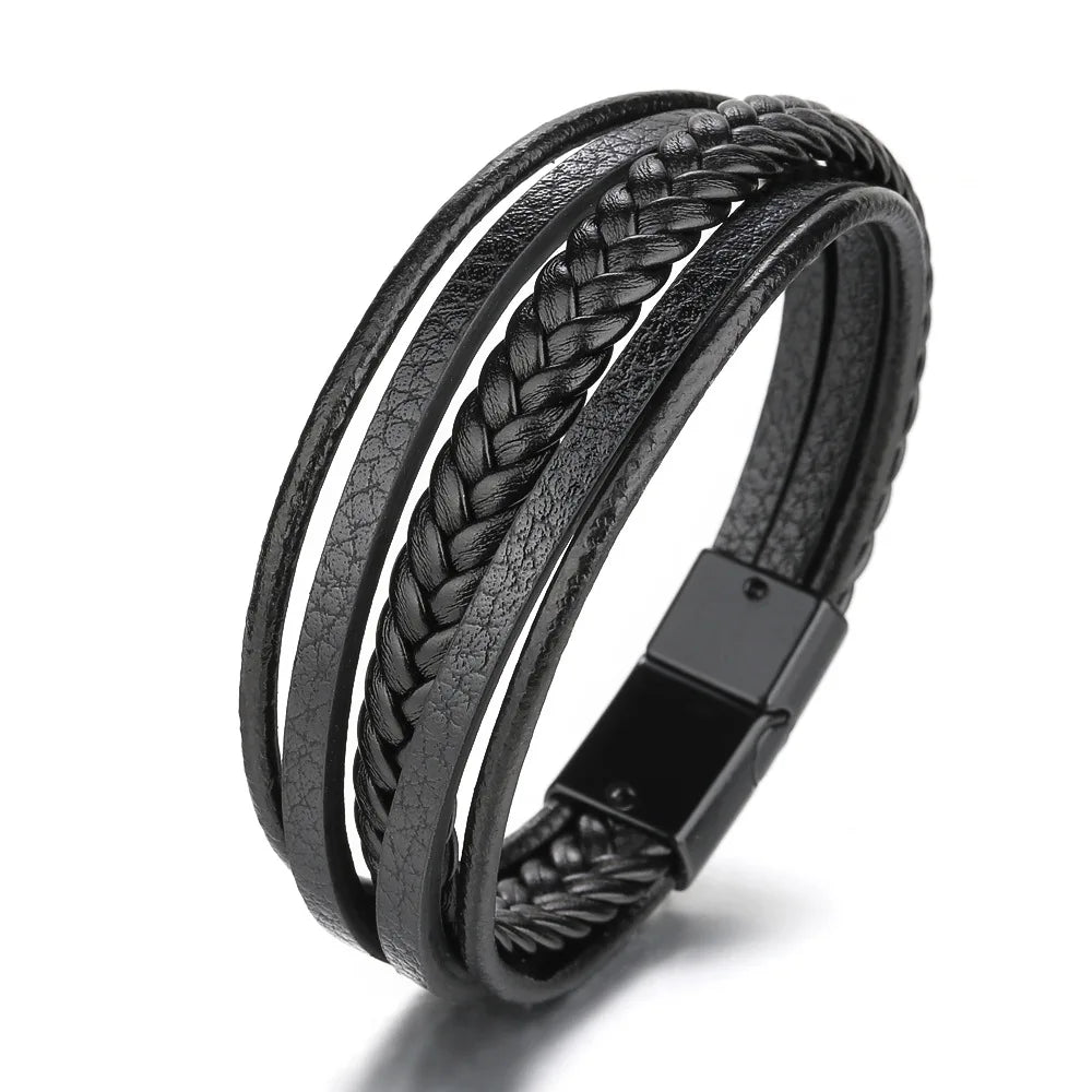 Trendy Leather Bracelets For Men Stainless Steel Bracelet 21CM Multilayer Braided Rope Bracelets for Male Jewelry Gifts Pi-Mart