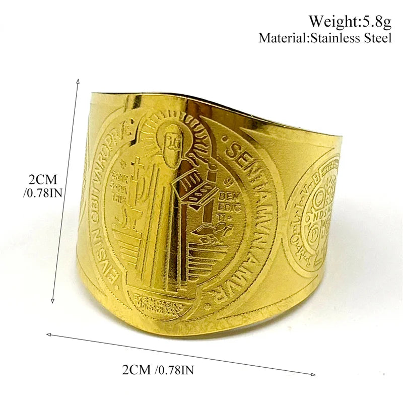 Catholic Saint Benedict Medallion Adjustable Rings for Women Men Stainless Steel Open Finger Ring Amulet Jewelry San Benito Pi-Mart