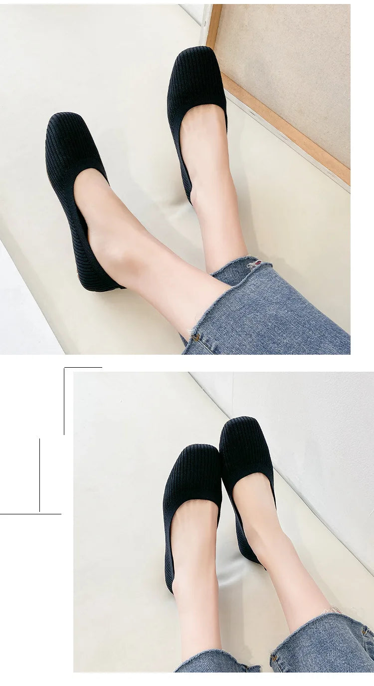 Women Leisure Flats Summer Autumn Flat Shoes Breathable Knitted Square Toe Slip-on Female Daily Walking Driving Loafers Pi-Mart