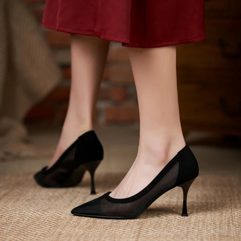 maogu Black Women Pointed Toe High Heel Work Shoes Dot Mesh Vintage Elegant Shallow Stiletto 2023 Spring Summer Thin Heels Pumps LadyShow.Store