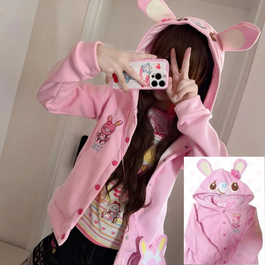 Japanese Cute Coat Embroidery Rabbit Ear Hooded Subculture Kawaii Y2k Tops Casual Fashion Sweet Coats Ropa Mujer Women Clothing LadyShow.Store