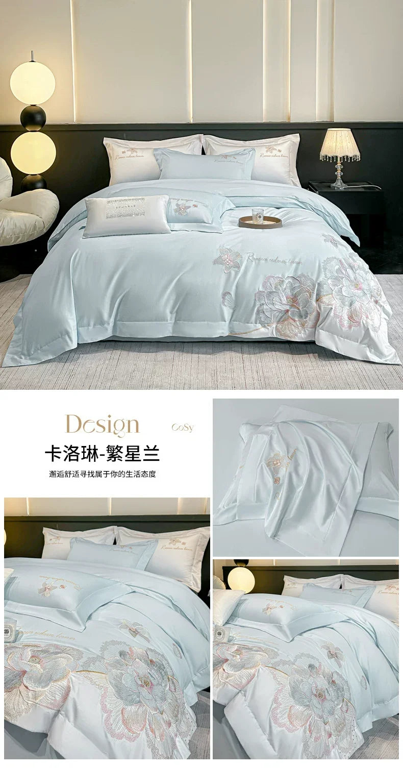 4pcs Light Luxury Style  120 Count Long Styl Cotton polyeste Embroidered Bedding Duvet Cover 200x230 220x240 Four Seasons Pi-Mart