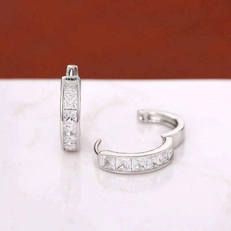 Huitan Hoop Earrings with Princess Cubic Zirconia Exquisite Ear Circle Earrings for Women Silver Color Fashion Versatile Jewelry Pi-Mart