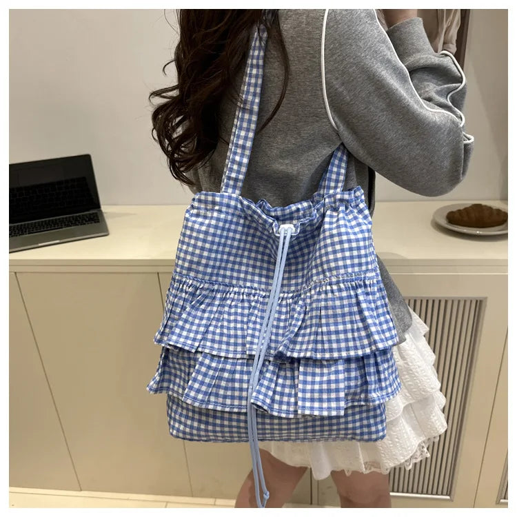 Large Capaci Cute Plaid Cotton Tote Bag  Lace Trim Women's Summer 2025 Simple Lady Handbag Soft Shoulder Bags Bolsa Feminina Pi-Mart