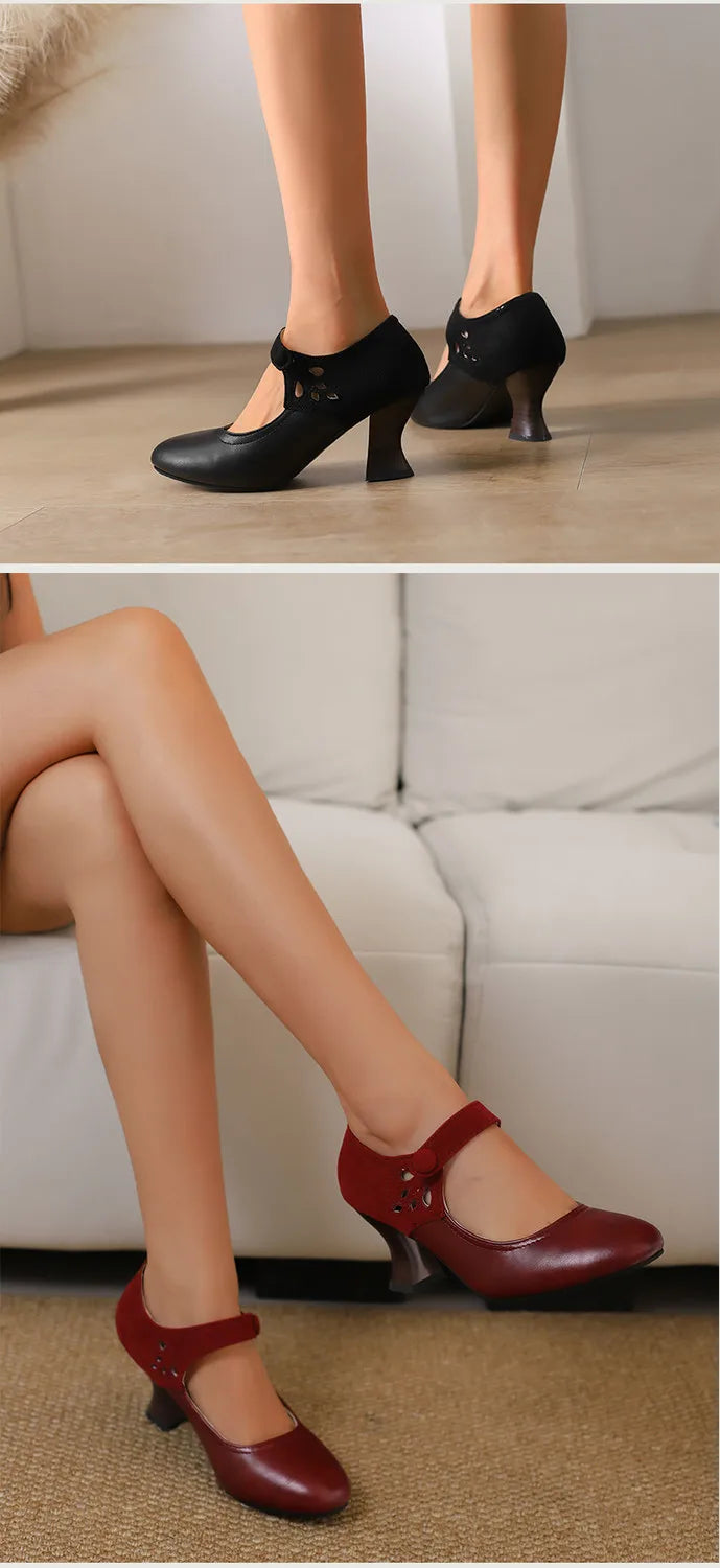 Summer Spring Cute Women Pumps Round Toe 6.5cm Small Heels Flock and PU Ankle Strap Buckle Green Yellow Big Size 46 48 Pi-Mart