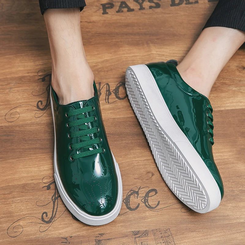 Spring Autumn Leather Shoes High Quality Patent Leather Casual Shoes Lace Up Sneakers Green Fashion Sole Designer Leather Shoes Pi-Mart