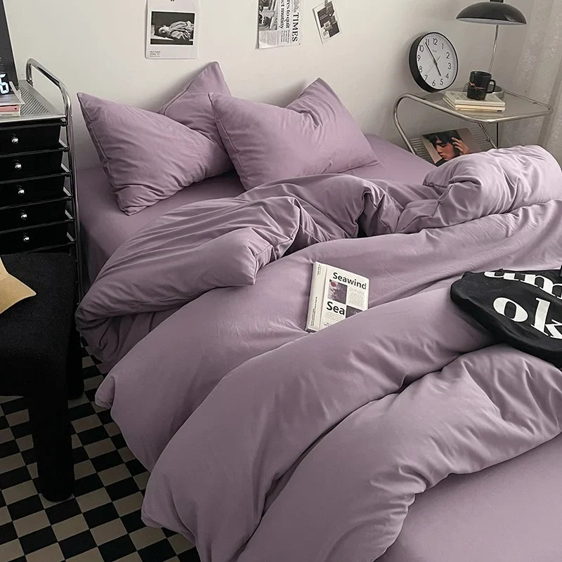 Washed Cotton Bed Linen Bedding Set 4 Pieces Bed Sheets Set Solid Color Comforter Cover Couple Queen King Size Bed Quilt Cover LadyShow.Store
